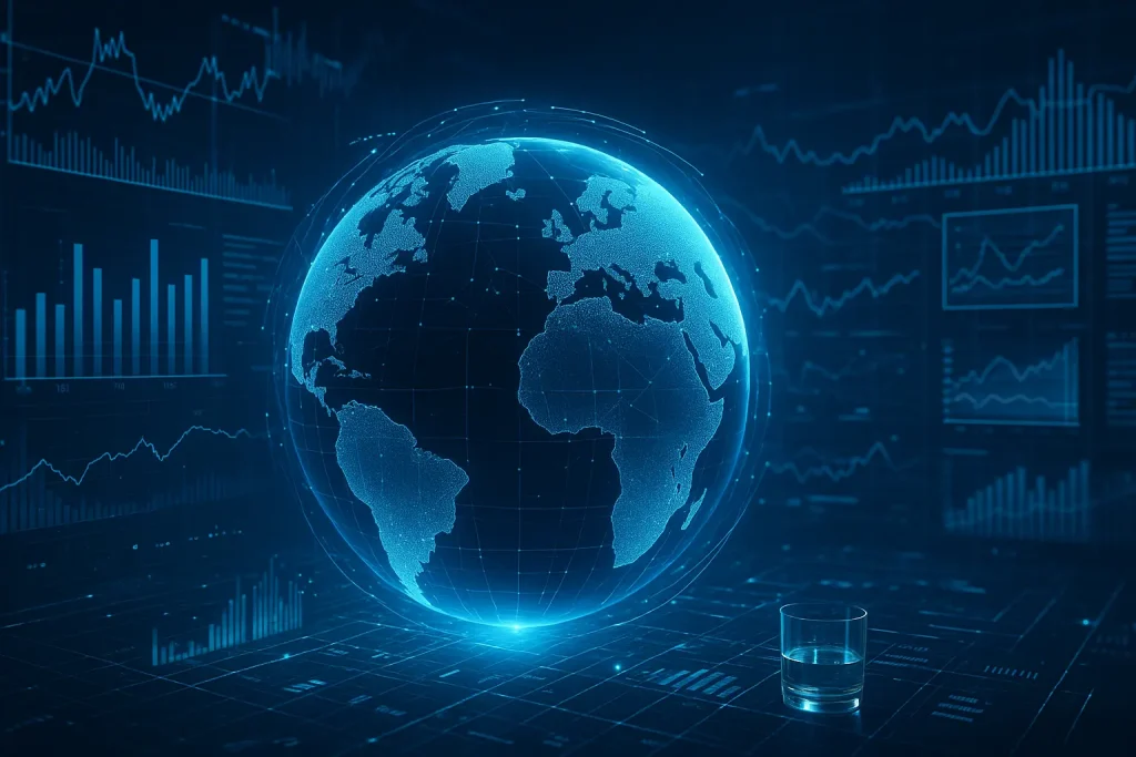 Globe digital dengan grafik interaktif berwarna biru dan garis tren global, menggambarkan analisis dan prediksi dunia di CamForecast.com.